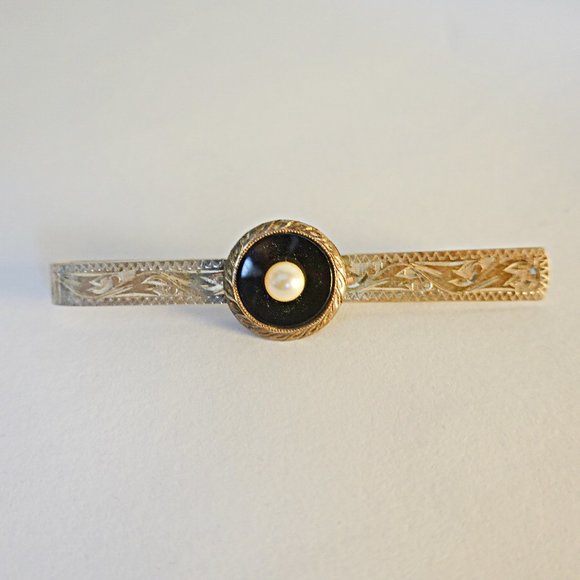 Sterling Engraved Black Onyx Men'sAkoya Cultured Pearl Tie Bar/Money Clip-